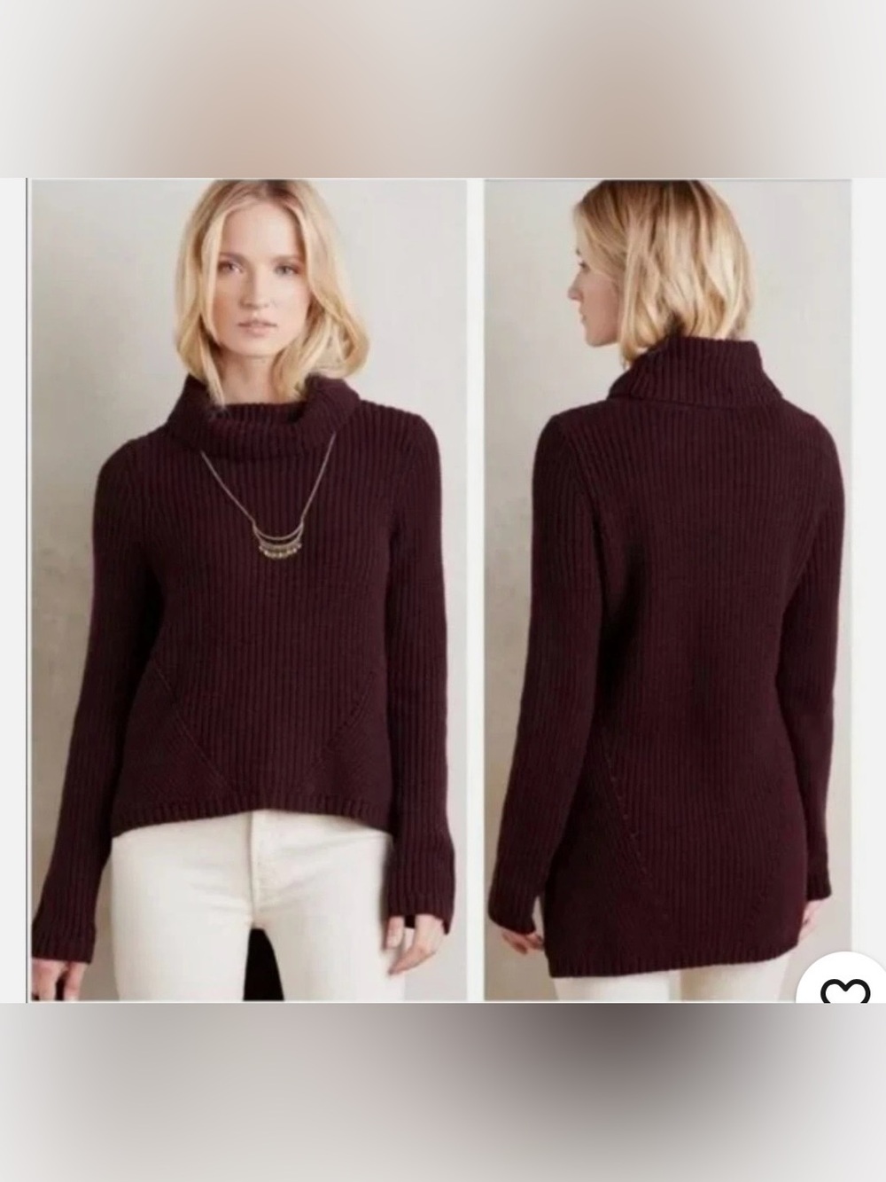 Anthropologie Moth Plum Cowl Neck High Low Stretch Chunky Thick Sweater Sz S